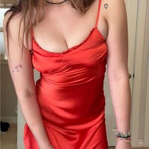 Japna Red Satin Slip Chemise with Delicate Neckline